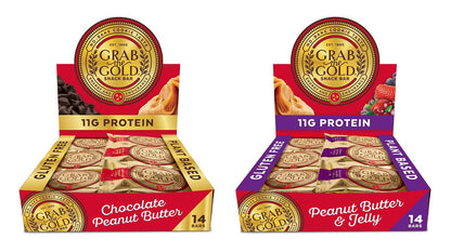 Grab The Gold Protein Snack Bar Bundle | Plant-Based Protein, Gluten-Free, Vegan, Dairy-Free, Kosher | 28 Count Variety Pack 14 Chocolate Peanut Butter & 14 Peanut Butter & Jelly, Made in USA