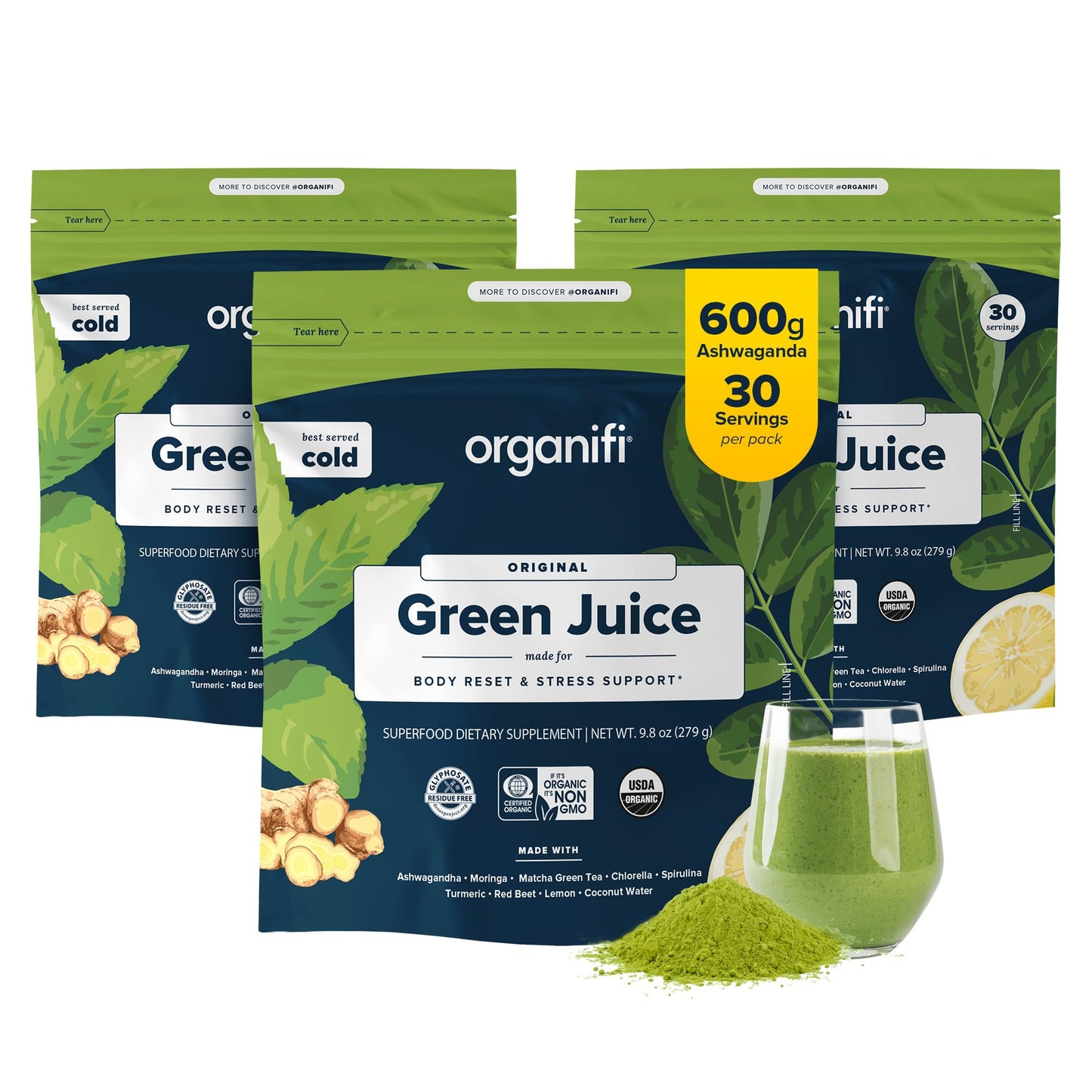 Organifi Green Juice - Powder Supplement with Organic Spirulina, Ashwagandha, and Chlorella - Helps Achieve Fitness Goals and Reduce Cortisol Levels, 30-Day Supply