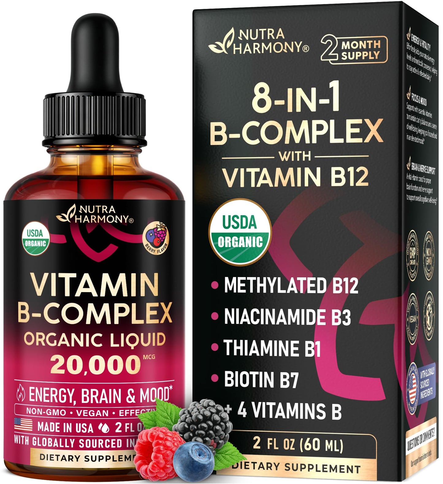 USDA Organic Vitamin B-Complex B5 Pantothenic Acid | B12 Methylcobalamin | B1 Thiamine | B6 Pyridoxine | B7 Biotin | B9 Folic | B3 Niacinamide - B Complex Liquid Drops, Natural Berry Flavor, 2fl oz