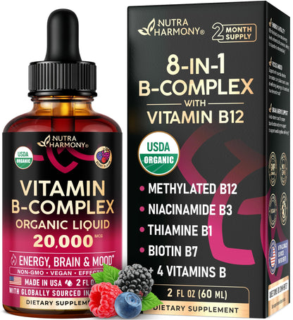 USDA Organic Vitamin B-Complex B5 Pantothenic Acid | B12 Methylcobalamin | B1 Thiamine | B6 Pyridoxine | B7 Biotin | B9 Folic | B3 Niacinamide - B Complex Liquid Drops, Natural Berry Flavor, 2fl oz