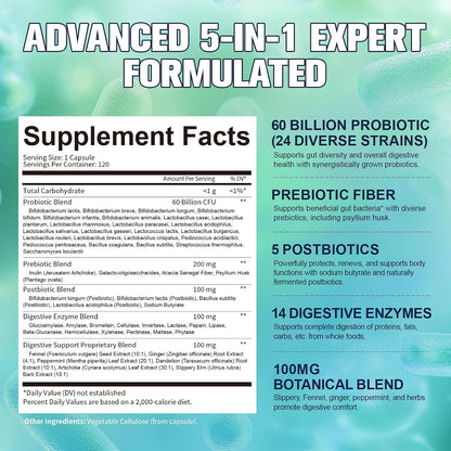 Totaria 5-in-1 60 Billion CFU Probiotic Prebiotic & Postbiotic for Women & Men, w/Digestive Enzymes, Slippery Elm, Daily Complete Gut Health, Digestive & Immune Support, 4 Month Supply, Vegan