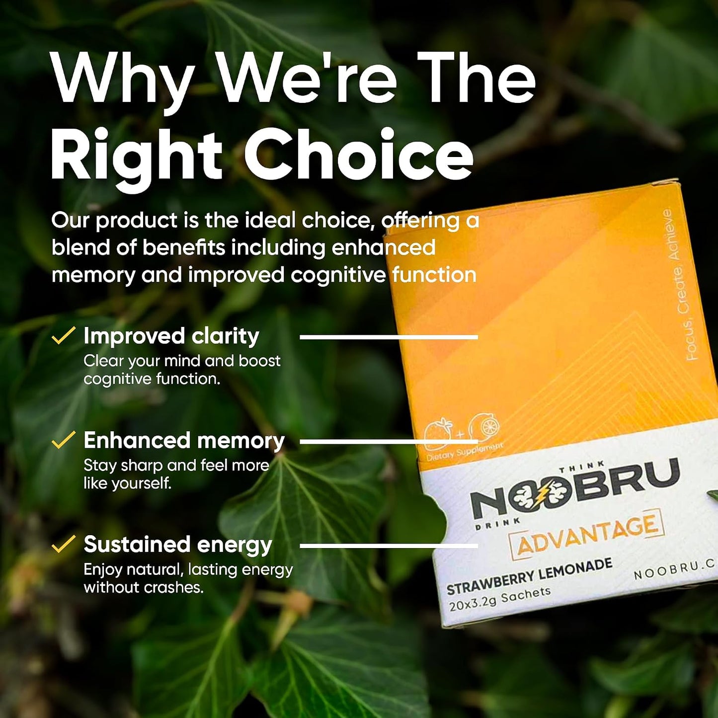 Noobru Аdvantage Nootropic - Delicious Nootropics Brain Supplement with 11 Active Ingredients - Natural Cognitive Enhancer - 20 Strawberry Lemonade Sachets - 1 Month Supply, 20 Count (Pack of 1)