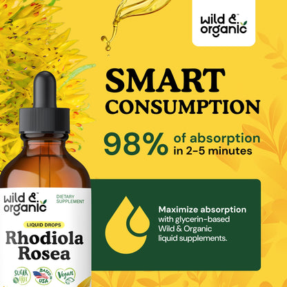Wild & Organic Rhodiola Rosea Tincture - Rhodiola Rosea Supplement for Mood Support - Relaxing Root Extract Liquid Drops - Vegan, Sugar & Alcohol-Free - 4 fl oz