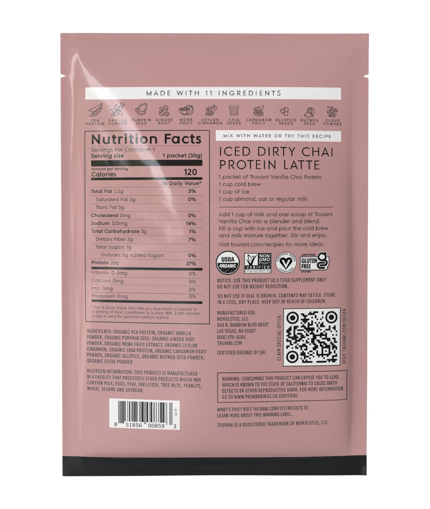 Truvani Organic Plant Based Protein Powder | Vanilla | 1 Serving | Vegan | 20g Pea Protein | Keto | Gluten & Dairy Free | Low Carb | No Added Sugar