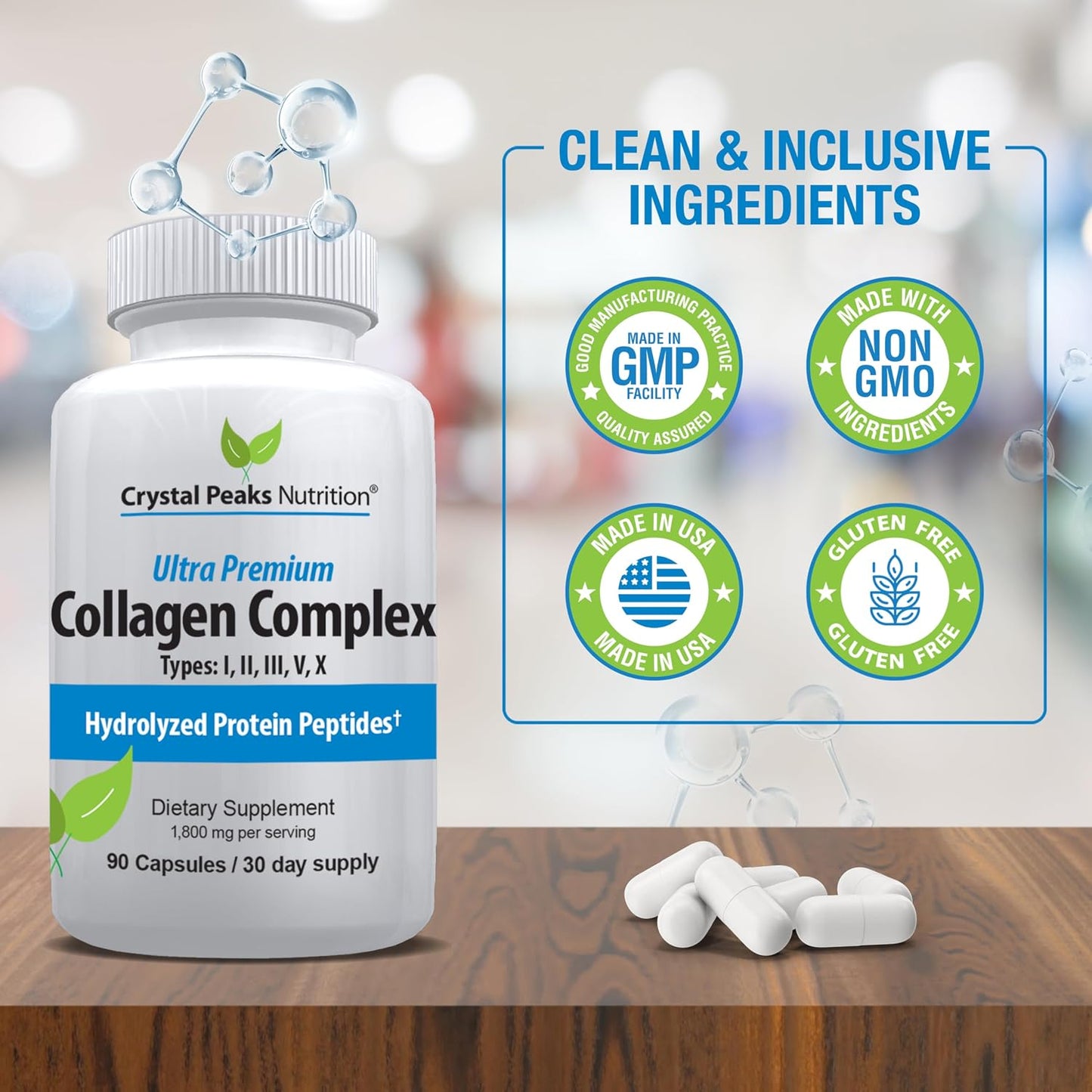 Collagen Peptide Pill - Types I, II, III, V, X - Anti-Aging - Premium Collagen Supplements & Collagen Pills - Hydrolyzed Protein Pills for Women & Men 1800 mg for Youthful Skin