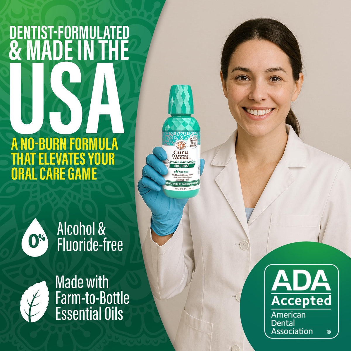 GuruNanda Fresh Breath Mouthwash – 12-Hour Fresh Breath & Helps Fight Bad Breath – ADA Accepted, Alcohol & Fluoride-Free Oral Rinse, Wild Mint - 16 oz, Pack of 2