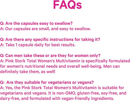 Pink Stork Total Women's Multivitamin - 19 Essential Vitamins for Women & Nutrients – Energy, Metabolism, Hormone, Immune & Mood Support – B6, B12, Biotin, Iron & Zinc – 30 Capsules