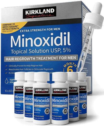 Kirkland Minoxidil for Men Liquid, Extra Strength Hair Regrowth Treatment 5%, 6 Months Supply - Upgraded Dropper Applicator and Bonus Free Guide Included