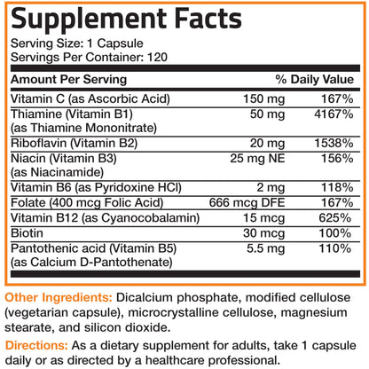 Bronson Vitamin B Complex with Vitamin C - Immune Health, Energy Support & Nervous System Support - Non-GMO, 250 Vegetarian Capsules