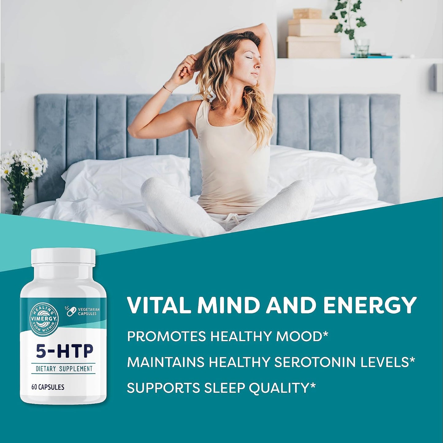 Vimergy 5-HTP, 150mg Per Serving, Vegan Capsules, 60 Servings | Promotes Healthy Mood and Sleep*, Ideal for Vital Mind and Energy, Rejuvenating formulation*, Clean Formula, Kosher