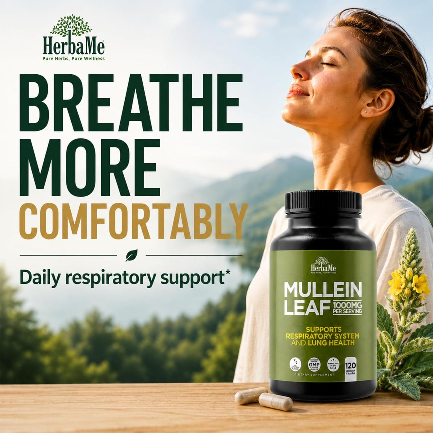 HerbaMe Mullein Leaf 1000mg, 120 Capsules - Daily Respiratory Support Supplement, Supports Breathing Comfort & Mucus Balance, Herbal Lung Support for Smokers, Men & Women