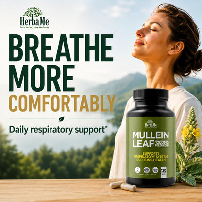 HerbaMe Mullein Leaf 1000mg, 120 Capsules - Daily Respiratory Support Supplement, Supports Breathing Comfort & Mucus Balance, Herbal Lung Support for Smokers, Men & Women
