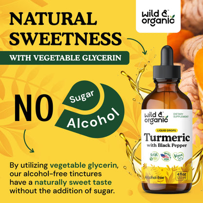 Wild & Organic Turmeric Supplement Liquid Drops - Movement & Immune Support - Liquid Turmeric with Black Pepper Extract - Add to Tea Tincture - Curcumin Supplements - Sugar & Alcohol-Free - 4 fl oz