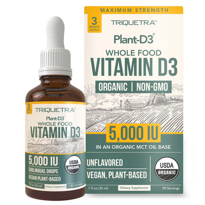 Organic Vitamin D3 5,000 IU - 100% Whole Food & Plant-Based Cholecalciferol Form, 100% Vegan Vitamin D - Enhanced with Prebiotic & Superfood Complex – Organic, Vegan, GMO & Gluten Free (60 Capsules)