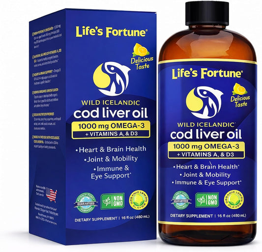 Life's Fortune Cod Liver Oil Liquid Lemon Flavor Organic Supplement with DHA, EPA 1000 mg High Potency Omega-3s + Vitamin A, E & D3 - Supports Immune, Joints, Eyes, 16 Fl Oz (Pack of 1)