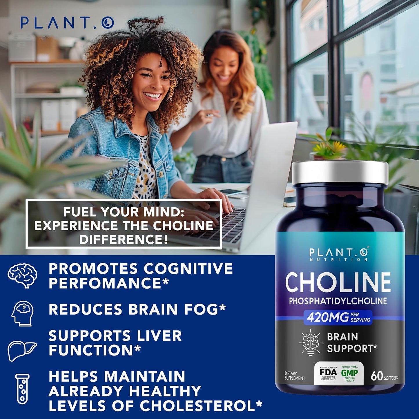 PLANT.O NUTRITION Choline Phosphatidyl Supplement | High Potency 430mg Phospholipid Complex | Promotes Energy, Liver, Brain, & Cognitive Health | 60 Softgels