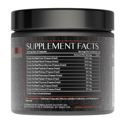 Formulation Factory Primal Power 10-in-1 Grass-Fed Beef Organ Complex with Liver, Heart, Bone Marrow, Orchic, Kidney, Spleen, Pancreas, Adrenals, Thymus & Brain - 120 Capsules