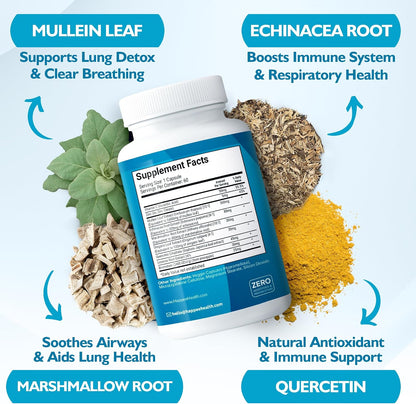 Mullein Leaf Extract for Lung Detox & Cleanse - Natural Lung Cleanse for Smokers - 9-in-1 Lung Health Supplement with Marshmallow Root, Echinacea, Licorice & More – 60 Capsules