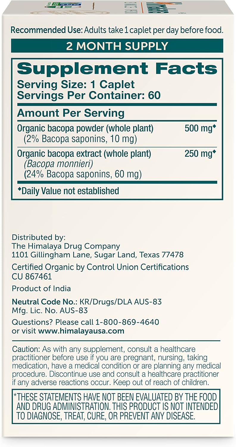 Himalaya USDA Organic Bacopa Monnieri Supplement,750 mg,60 Caplets