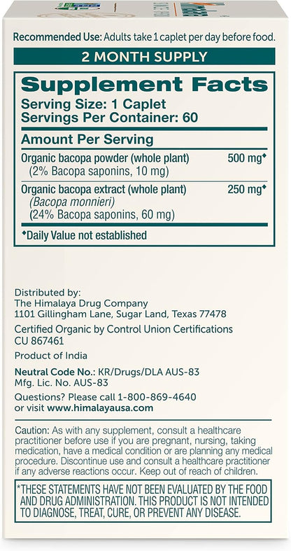Himalaya USDA Organic Bacopa Monnieri Supplement,750 mg,60 Caplets