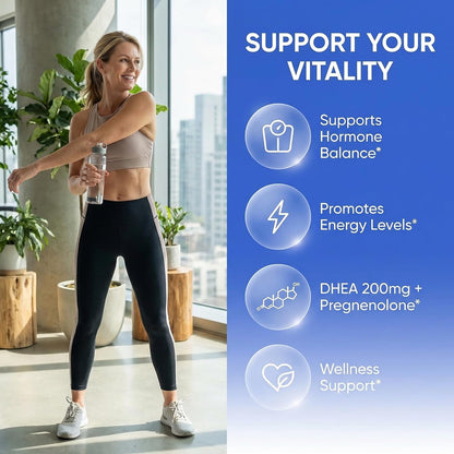 DHEA 200mg Supplement Pregnenolone 100mg for Men & Women with DIM Ashwagandha Boron 6mg Complex Calcium Magnesium Zinc 50mg Vitamin D3 5000 IU Hormone Support Capsules Pills Made in USA 60 Count