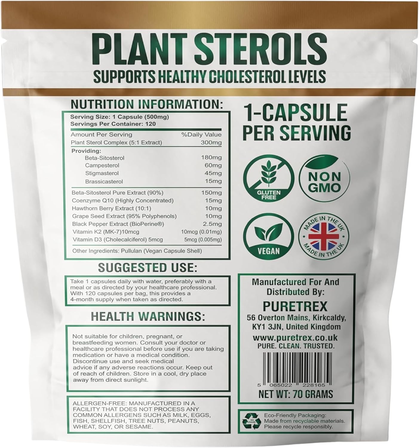 Plant Sterols Complex with Beta-Sitosterol, CoQ10, Hawthorn Berry & Grape Seed Extract, 120 Vegan Capsules, Cardiovascular Wellness & Cholesterol Balance Daily Support, Non-GMO, UK Made
