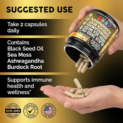 Clean Nutra Black Seed Oil Capsules + Sea Moss Ashwagandha Burdock Root Bladderwrack Seaweed Skin Detox Stress Relief Immune Support Focus Supplement Nigella Sativa 60 Pills