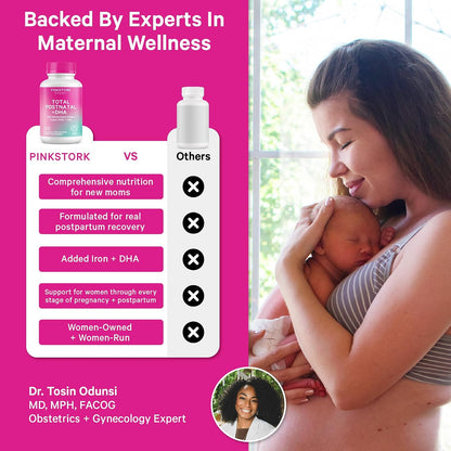 Pink Stork Total Postnatal Vitamins for Women, 60 Capsules, Mint | Vegan Algae DHA, Methylated Folate, Iron & B12, Postpartum Recovery & Lactation Support, Clean Label Award Winner, 1 Month