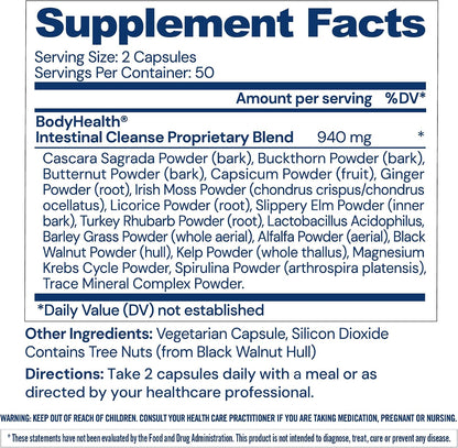 BodyHealth Intestinal Cleanse - Eliminate, Colon Cleanser Detox, Gentle Laxative Pills and Bowel Flush Constipation Relief for Adults, Body Cleanse for Colon Health and Clean Gut (100 Capsules)