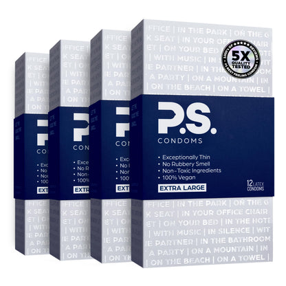 PS Condoms Exceptionally Thin Latex Condoms, Clean & Odorless, 12 Pack | Individually tested, 0.045 mm natural rubber, 40% thinner, lubricated, vegan, and free of PFAS, gluten, glycerin and parabens