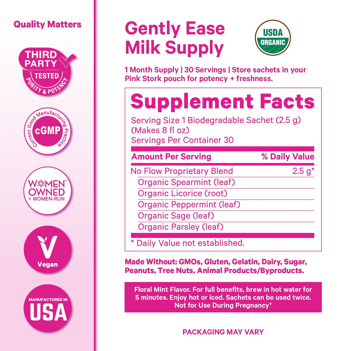 Pink Stork No Flow Organic Sage Tea, Floral Mint Flavor, 15 Sachets | Dry Up Breast Milk Supply, Ease Milk Production, Wean Lactation Naturally, Hot or Iced, Postpartum Essentials