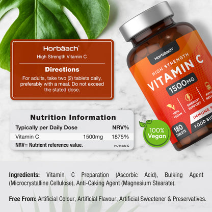 Vitamin C Tablets 1500mg | 180 Count | High Strength Vegan Supplement | No Artificial
