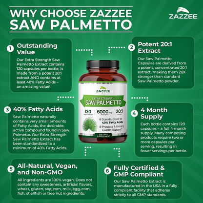 Zazzee Extra Strength Saw Palmetto 20:1 Extract, 40% Fatty Acids, 120 Vegan Capsules, 4 Month Supply, Serenoa Repens, Daily Wellness & Men’s Health Support, Herbal Supplement, Non-GMO, Made in the USA
