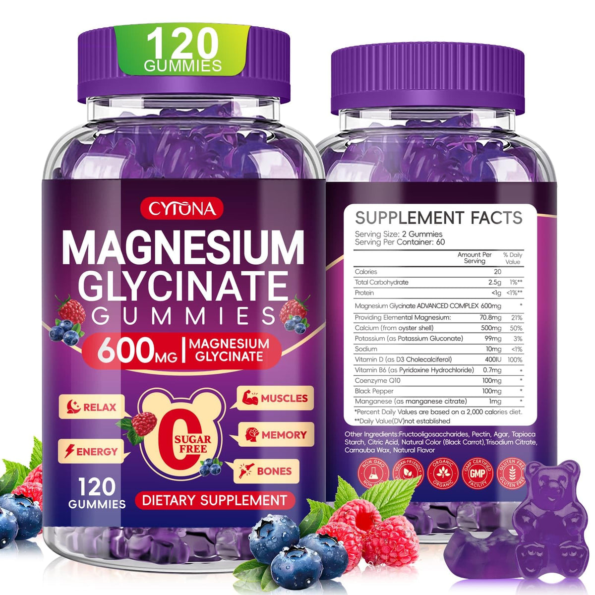Magnesium Glycinate Gummies 600mg, Sugar Free Magnesium Gummies for Adults