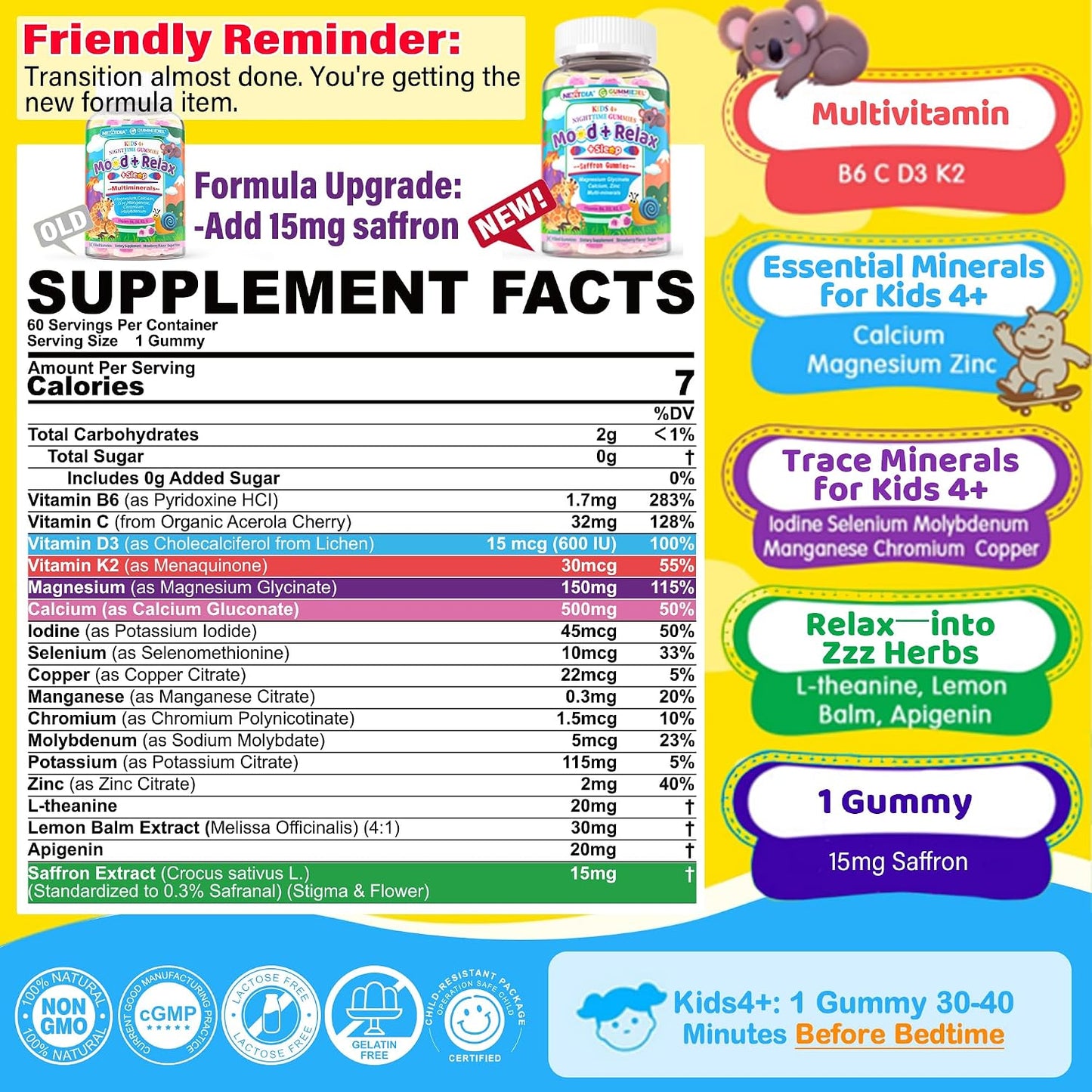 Kids 4+ Magnesium + Saffron Sleep Gummies, Relax Happy Filled Gummy, Bedtime Calcium Zinc, Mineral + Multivitamin Gummies, Melatonin Free | Vitamin D3 K2 | Bone, Only Need 1 Gummy - Sweet Dream Magic