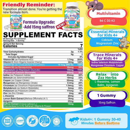 Kids 4+ Magnesium + Saffron Sleep Gummies, Relax Happy Filled Gummy, Bedtime Calcium Zinc, Mineral + Multivitamin Gummies, Melatonin Free | Vitamin D3 K2 | Bone, Only Need 1 Gummy - Sweet Dream Magic
