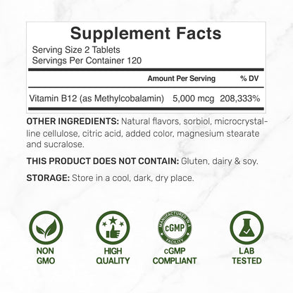 DEAL SUPPLEMENT Methyl B-12 Vitamins 5000 mcg Per Serving, 240 Tablets | Active Form - Strawberry Flavored - Vitamin B12 Supplement for Women & Men - GMO Free & Gluten Free