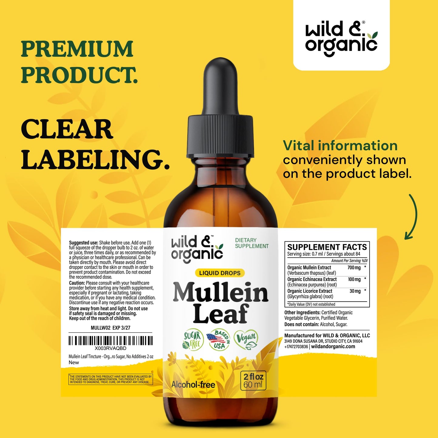 Wild & Organic Mullein Drops for Lungs - Cleanse and Detox - Liquid Mullein Leaf Extract for Lungs with Echinacea - Add to Tea - Verbascum Thapsus Tincture - Sugar & Alcohol-Free Supplement - 4 fl oz