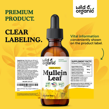 Wild & Organic Mullein Drops for Lungs - Cleanse and Detox - Liquid Mullein Leaf Extract for Lungs with Echinacea - Add to Tea - Verbascum Thapsus Tincture - Sugar & Alcohol-Free Supplement - 4 fl oz