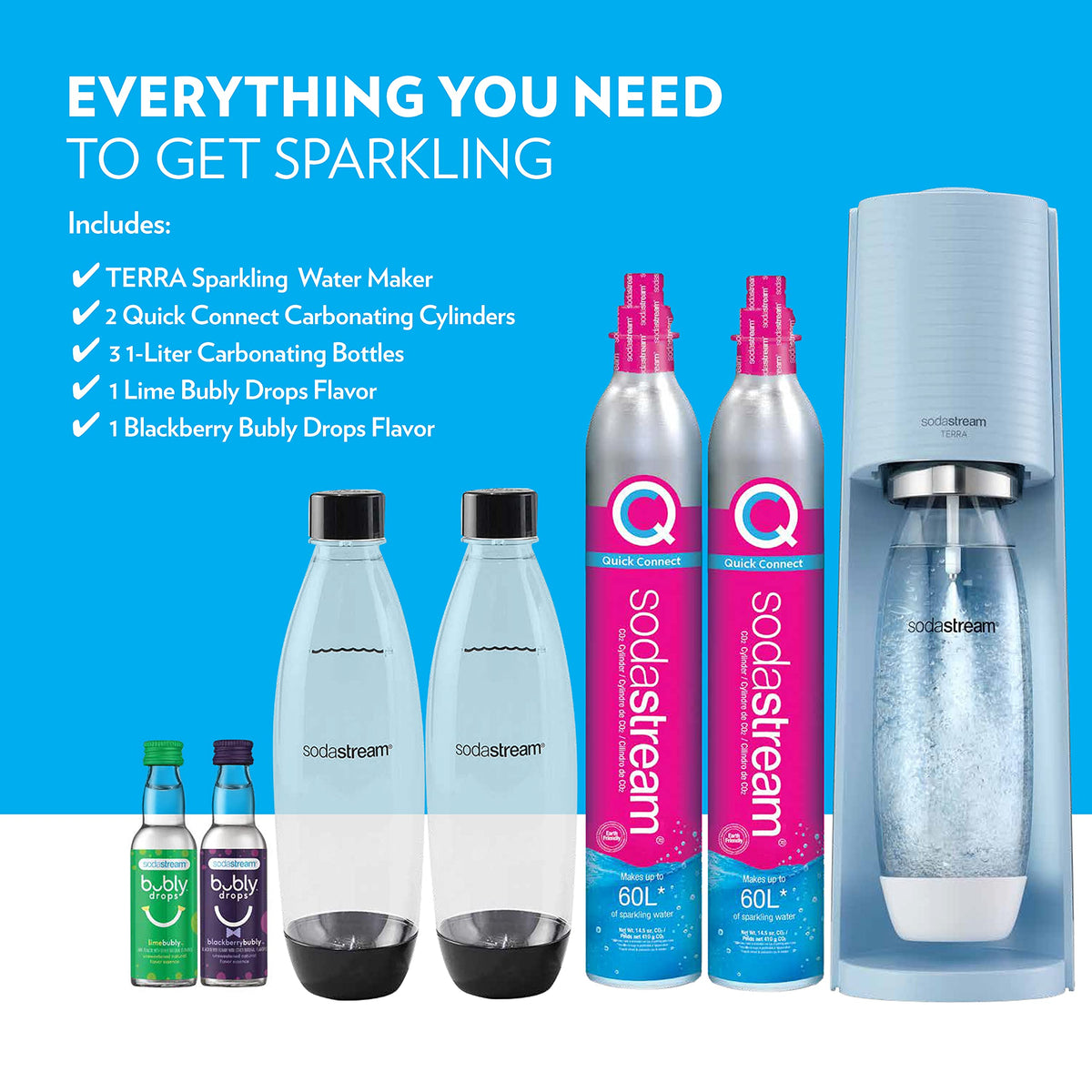 SodaStream Terra Sparkling Water Maker Bundle (Misty Blue), with CO2, DWS Bottles