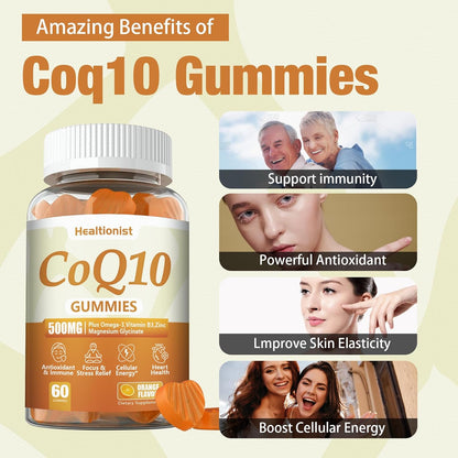 2 Pack 500MG Coq10 Gummies - 3X Better Absorption, Plus Omega-3, Magnesium, Vitamin B3 & Zinc - Coenzyme Q10 Supplements for Heart Health, Cellular Energy & Antioxidant, Vegan, 120 Counts