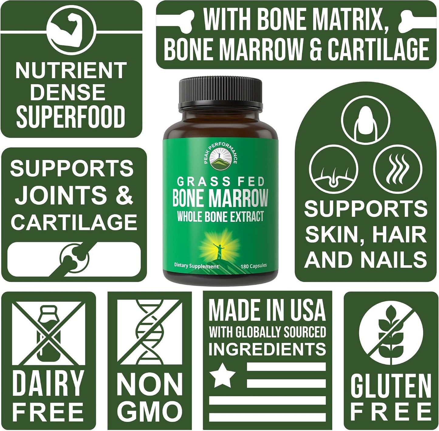 Peak Performance Grass Fed Bone Marrow - Whole Extract Supplement 180 Capsules - Superfood Pills Rich in Collagen, Vitamins, and Amino Acids - from Matrix Cartilage - Ancestral Tablets