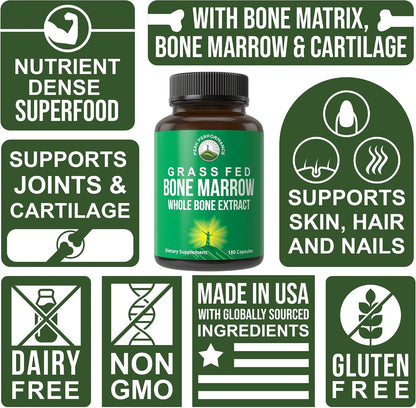 Peak Performance Grass Fed Bone Marrow - Whole Extract Supplement 180 Capsules - Superfood Pills Rich in Collagen, Vitamins, and Amino Acids - from Matrix Cartilage - Ancestral Tablets