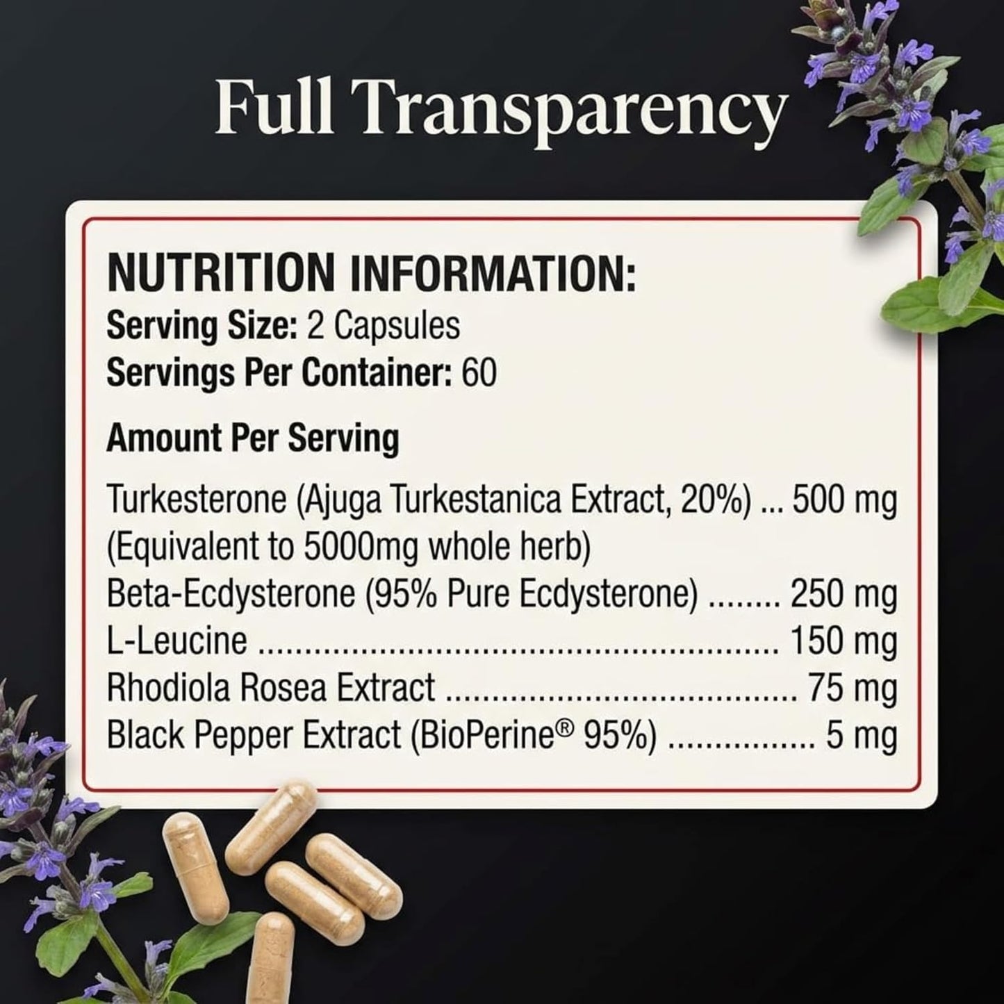 Ultra Turkesterone Complex for Men, 5000mg Herbal Equivalent, 120 Vegan Capsules, Beta Ecdysterone, L-Leucine, Rhodiola Rosea, BioPerine Black Pepper, Strength Endurance and Lean Muscle