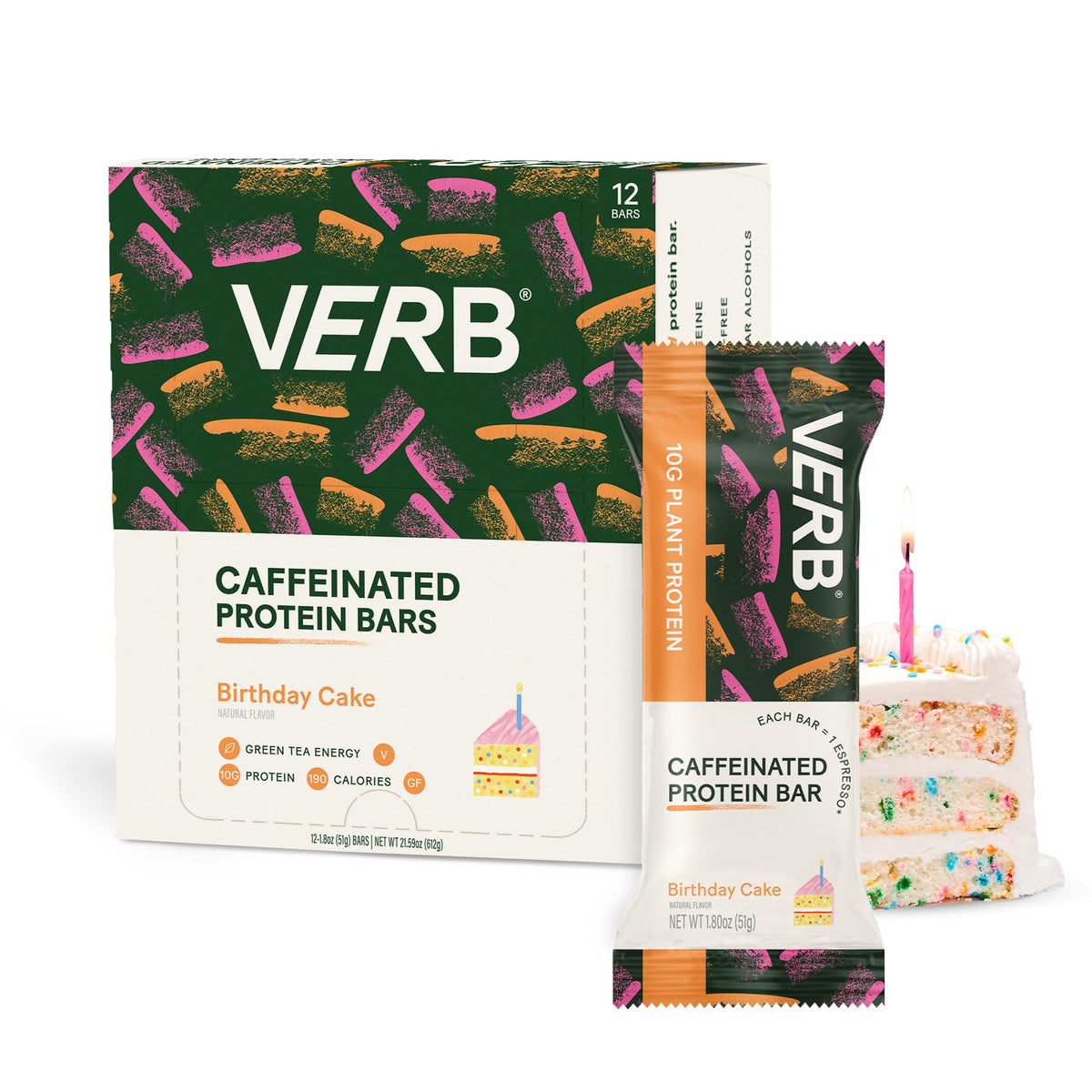 Verb Energy - Birthday Cake Caffeinated Protein Bars - 190-Calorie Low Sugar 10g Protein 
