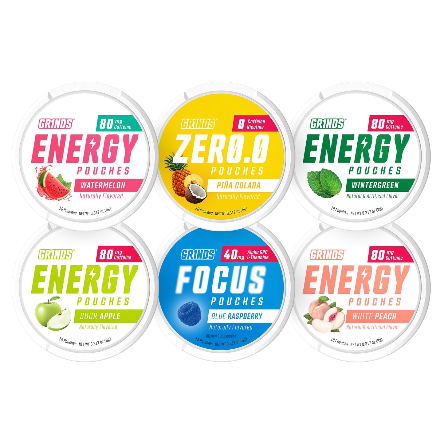 GRINDS Focus Pouches | Naturally Flavored with Nootropic Ingredients | Contains Alpha GPC and L-Theanine | Sugar-Free | 3 Pack | 18 Pouches Per Can | Blue Raspberry