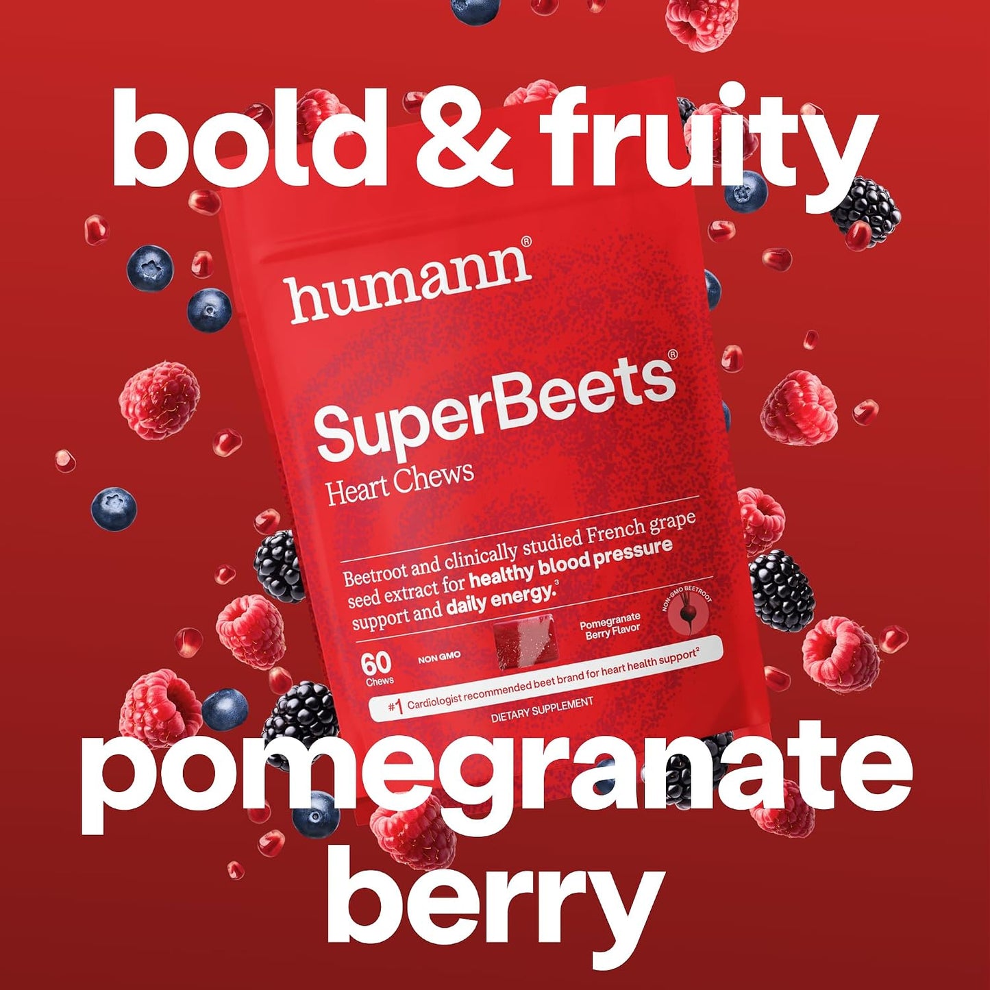 HumanN SuperBeets Heart Chews, Beet Root Powder Support Energy Supplement, Nitric Oxide and Blood Pressure Support, Grape Seed Extract & Non-GMO, Heart Health, Pomegranate Berry Flavor, 60 Count