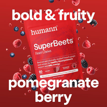HumanN SuperBeets Heart Chews, Beet Root Powder Support Energy Supplement, Nitric Oxide and Blood Pressure Support, Grape Seed Extract & Non-GMO, Heart Health, Pomegranate Berry Flavor, 60 Count