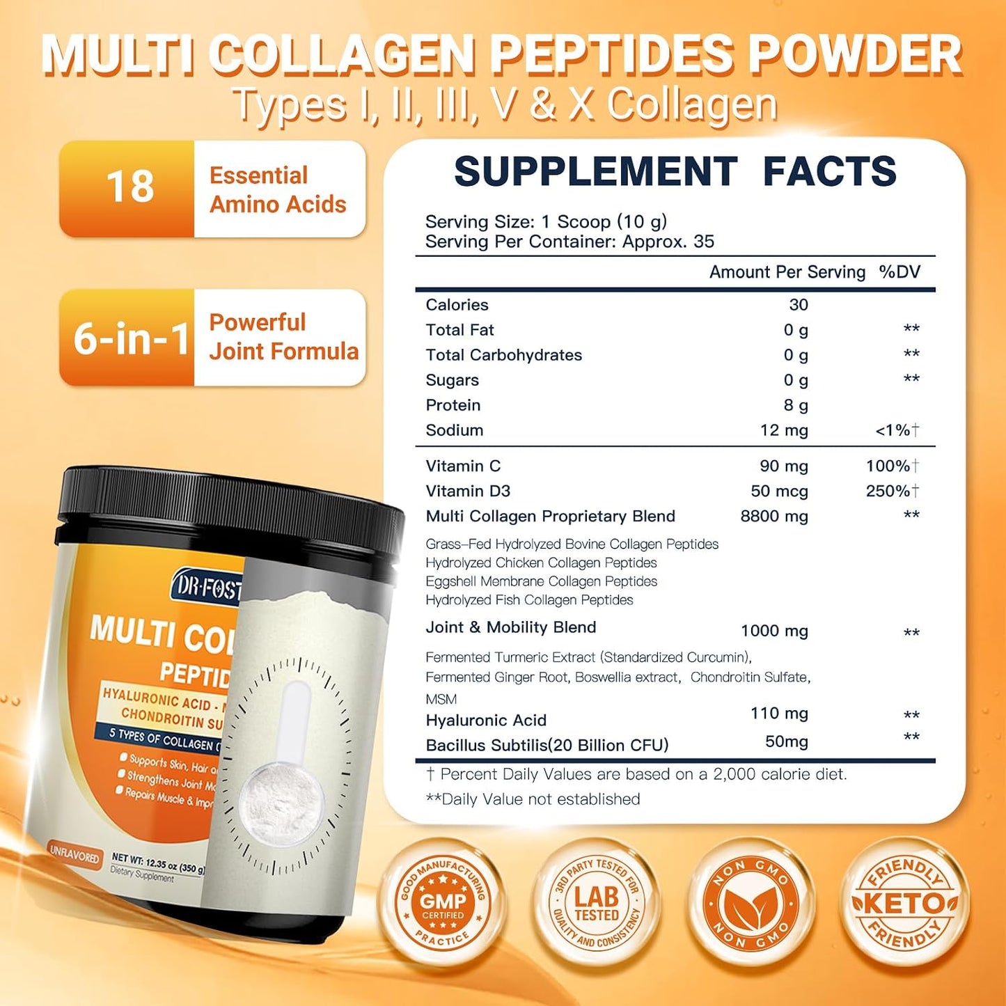 DRFOSTER Multi Collagen Peptides for Women with MSM, CS & D3, 35 Servings | Type I, II, III, V, and X Hydrolyzed Collagen with Vitamin C and Hyaluronic Acid for Skin, Hair, and Joints