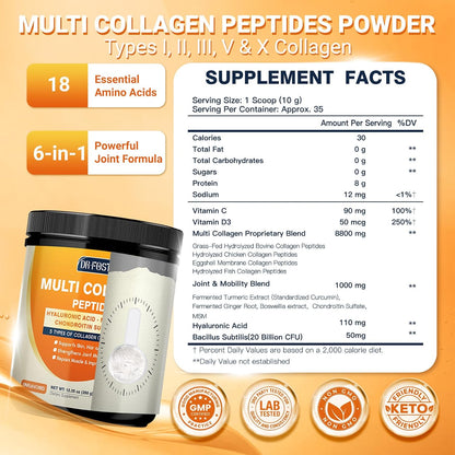 DRFOSTER Multi Collagen Peptides for Women with MSM, CS & D3, 35 Servings | Type I, II, III, V, and X Hydrolyzed Collagen with Vitamin C and Hyaluronic Acid for Skin, Hair, and Joints